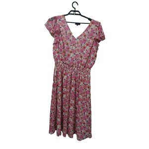 MSK Women’s V-Neck Floral Dress 2X Pink & White Short-Sleeve Empire Waist